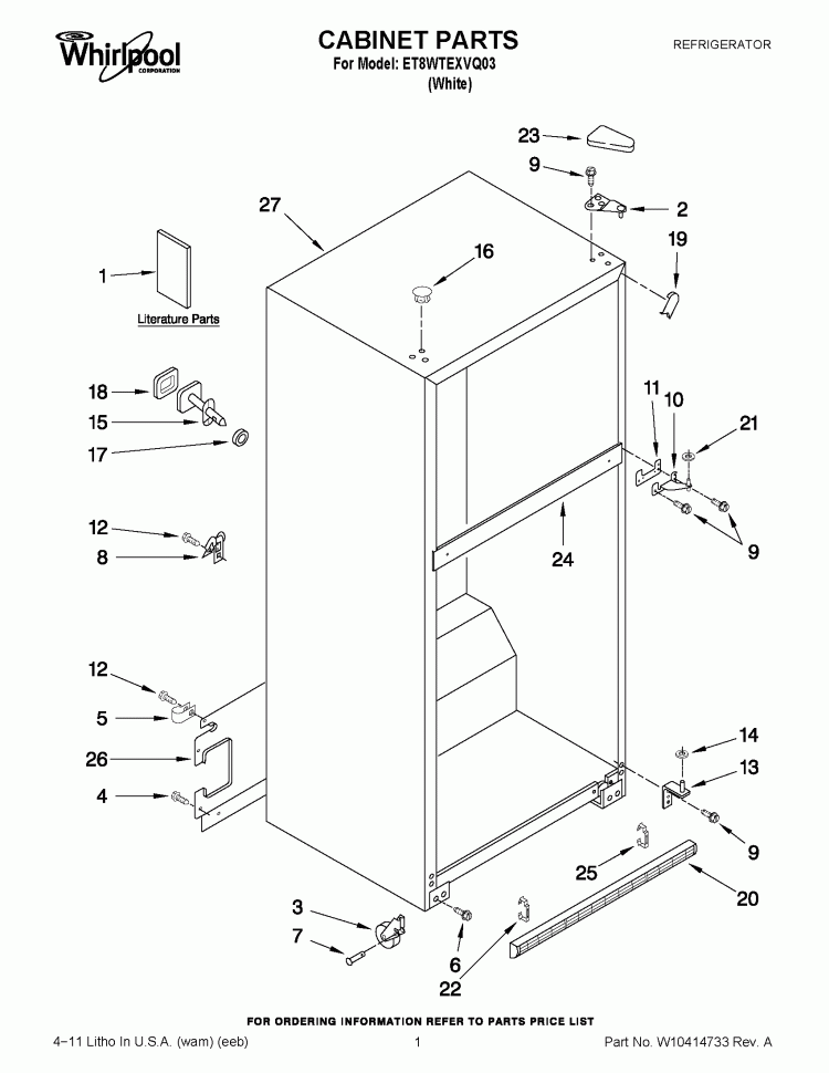 CABINET PARTS Diagram and Parts List for ET8WTEXVQ03  Whirlpool Refrigerator