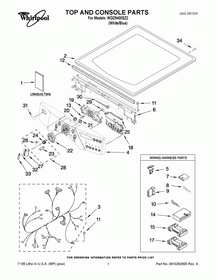 TOP AND CONSOLE PARTS Diagram and Parts List for WGD9400SZ2  Whirlpool Dryer