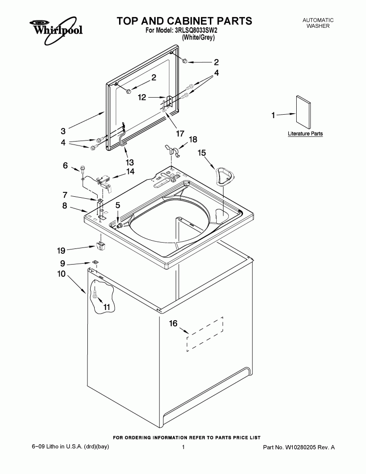 TOP AND CABINET PARTS Diagram and Parts List for 3RLSQ8033SW2  Whirlpool Washer
