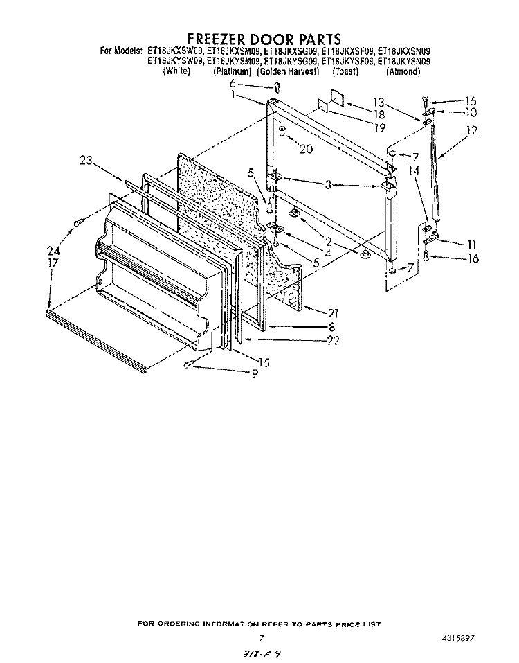 FREEZER DOOR Diagram and Parts List for ET18JKYSF09  Whirlpool Refrigerator