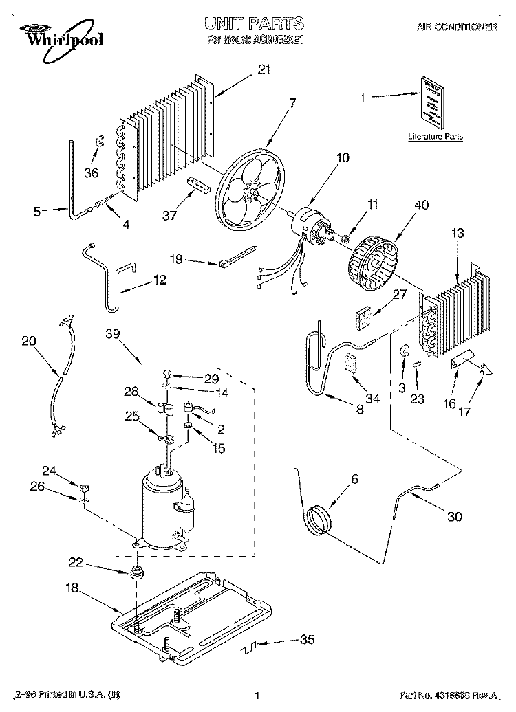 UNIT, LITERATURE Diagram and Parts List for ACM052XE1  Whirlpool Air Conditioner
