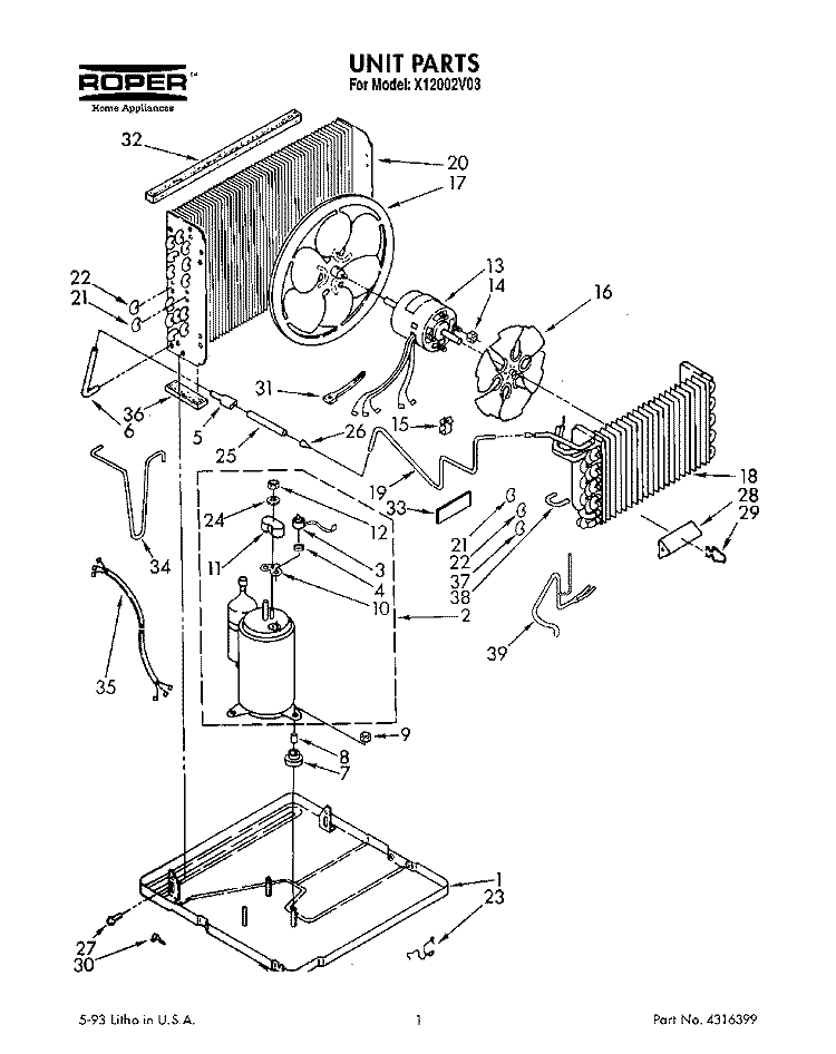UNIT PARTS, LITERATURE Diagram and Parts List for X12002V03  Roper Air Conditioner