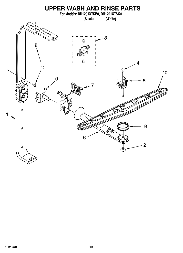 UPPER WASH AND RINSE PARTS Diagram and Parts List for DU1201XTSB0  Whirlpool Dishwasher