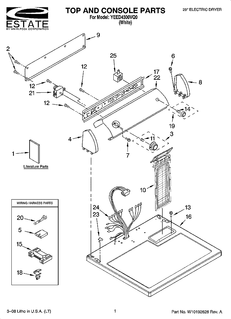 TOP AND CONSOLE PARTS Diagram and Parts List for YEED4300VQ0  Estate Dryer