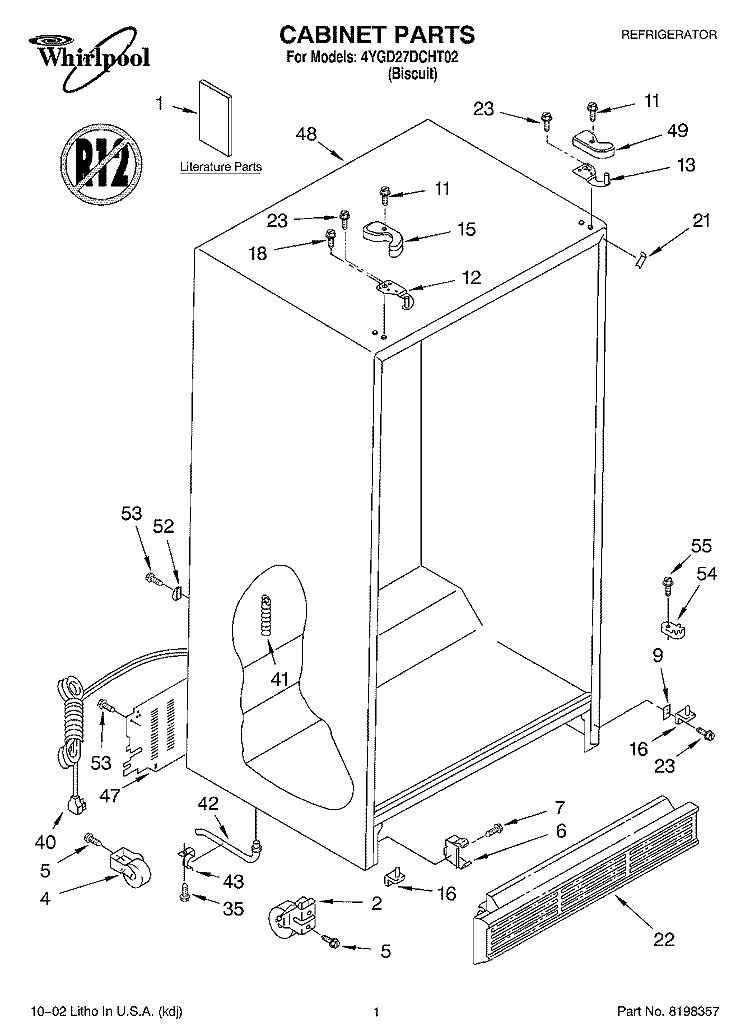 CABINET, LITERATURE Diagram and Parts List for 4YGD27DCHT02  Whirlpool Refrigerator