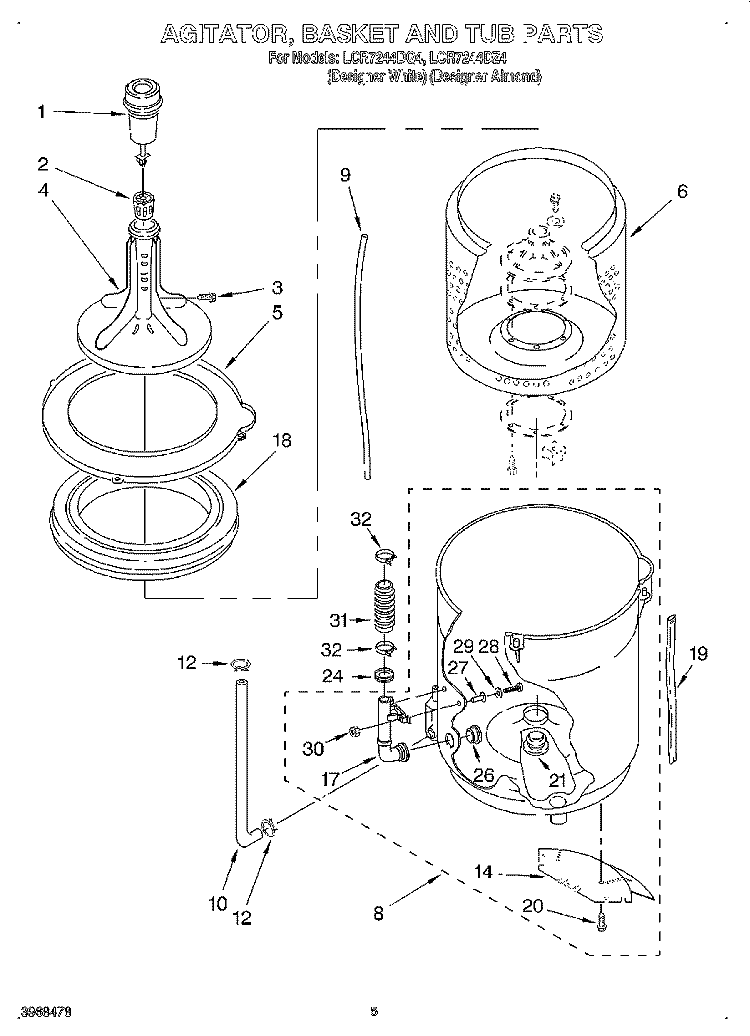 AGITATOR, BASKET AND TUB Diagram and Parts List for LCR7244DZ4  Whirlpool Washer