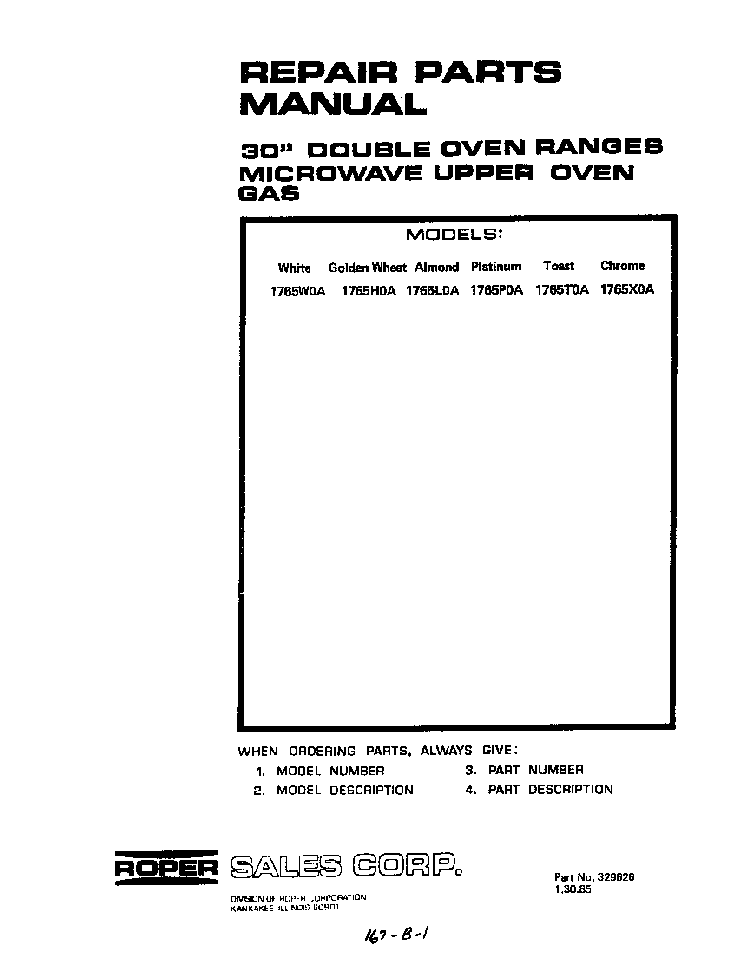 Cover Page-text Only Diagram and Parts List for 1765*0A  Roper Range
