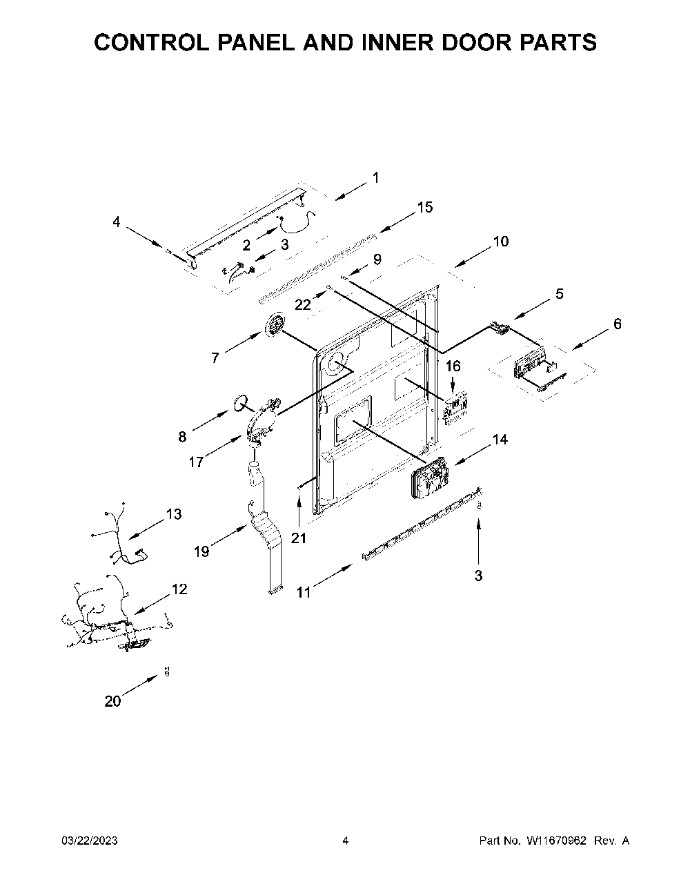 Control Panel And Inner Door Parts Diagram and Parts List for KDPM804KPS1  KitchenAid Dishwasher