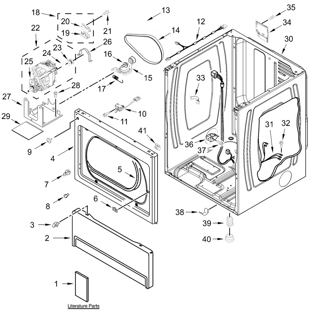 Lower Cabinet And Front Panel Parts Diagram and Parts List for MLE27PDFGW0  Whirlpool Dryer