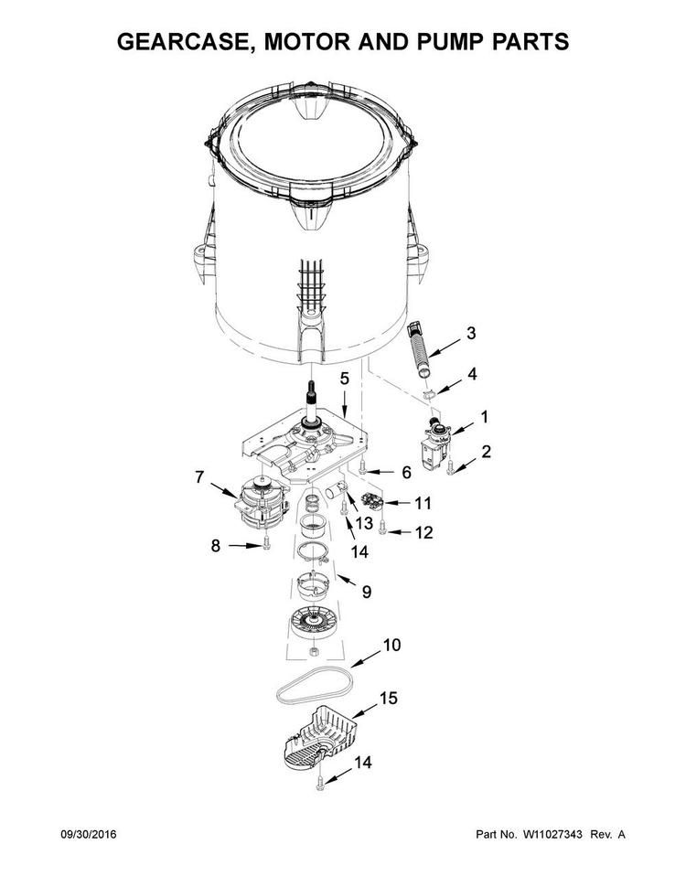 Gearcase, Motor And Pump Parts Diagram and Parts List for WTW4715EW2  Whirlpool Washer