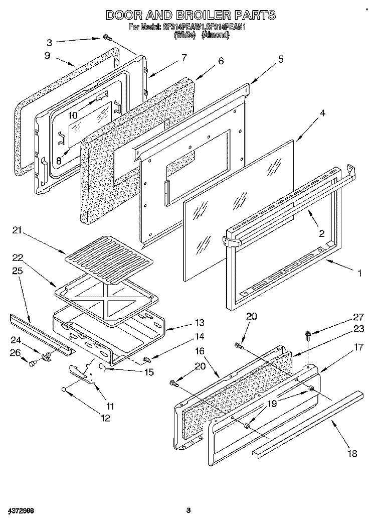 DOOR AND BROILER Diagram and Parts List for SF314PEAW1  Whirlpool Range