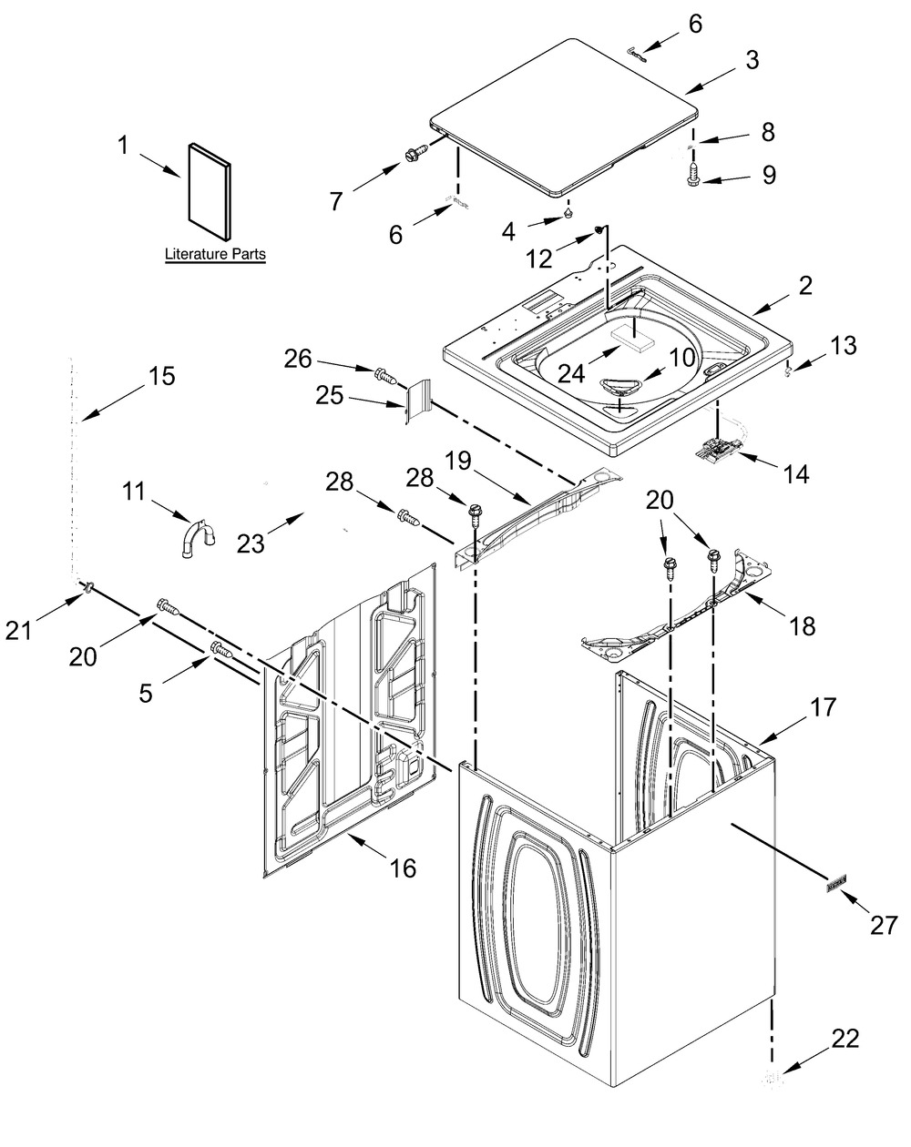 Top And Cabinet Parts Diagram and Parts List for MVW4005SW0  Whirlpool Washer