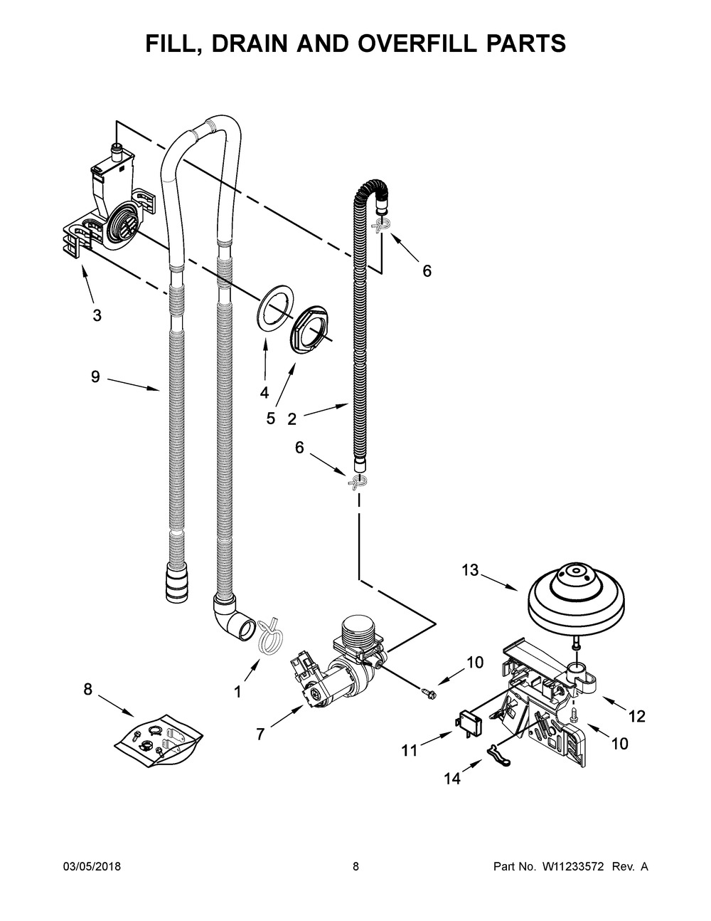 Fill, Drain And Overfill Parts Diagram and Parts List for WDF330PAHB2  Whirlpool Dishwasher