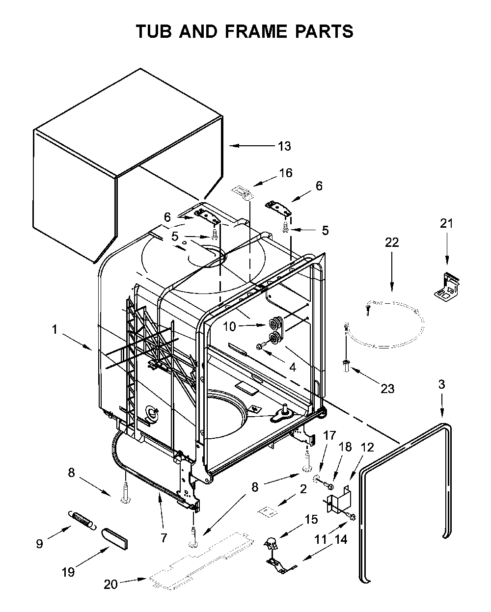Tub and frame parts Diagram and Parts List for WDF330PAHW4  Whirlpool Dishwasher