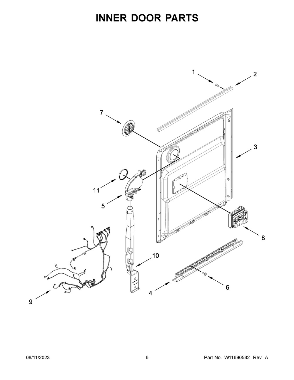 Inner Door Parts Diagram and Parts List for WDP730HAMZ1  Whirlpool Dishwasher