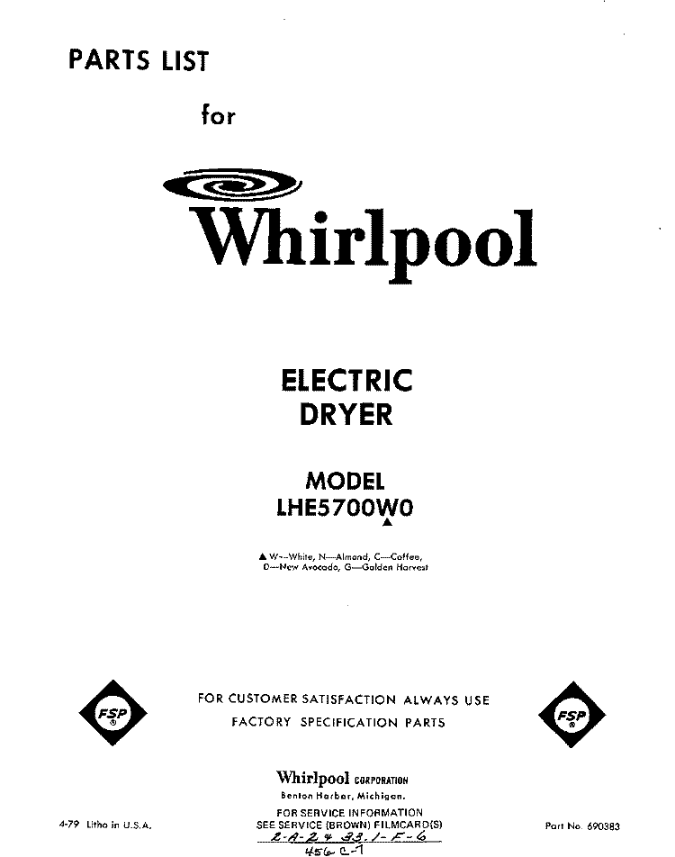 SECTION Diagram and Parts List for LHE5700W0  Whirlpool Dryer