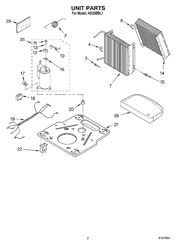 UNIT PARTS Diagram and Parts List for AD25BBL7  Whirlpool Dehumidifier