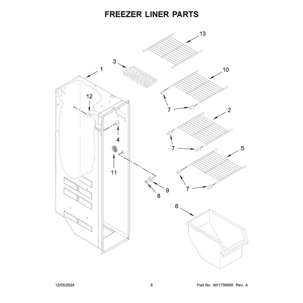 Freezer Liner Parts Diagram and Parts List for WRS312SNHB07  Whirlpool Refrigerator