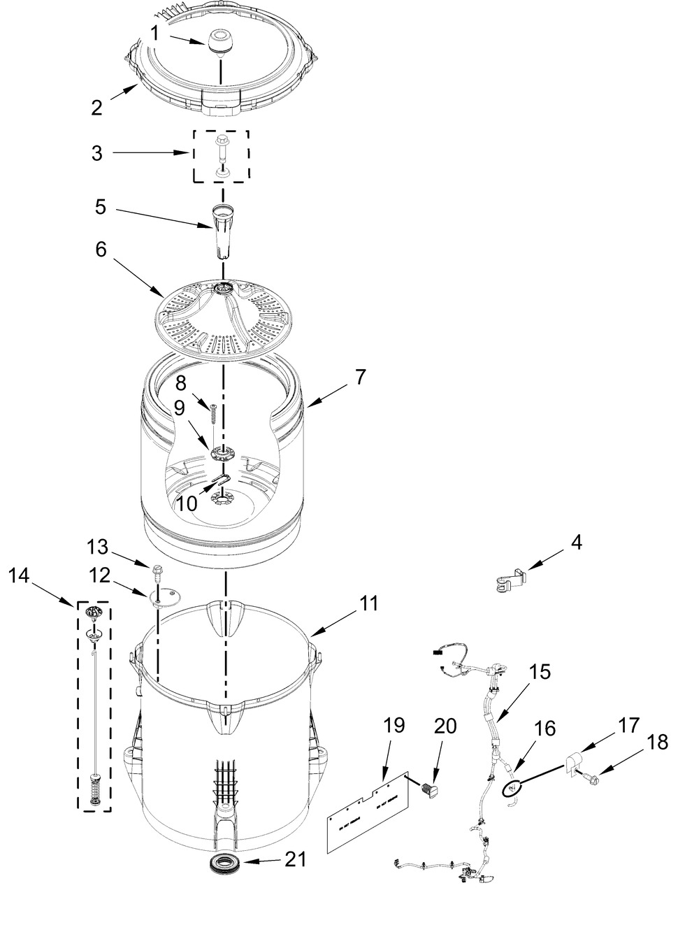 Basket And Tub Parts Diagram and Parts List for 4KNTW3300JW2  Whirlpool Washer