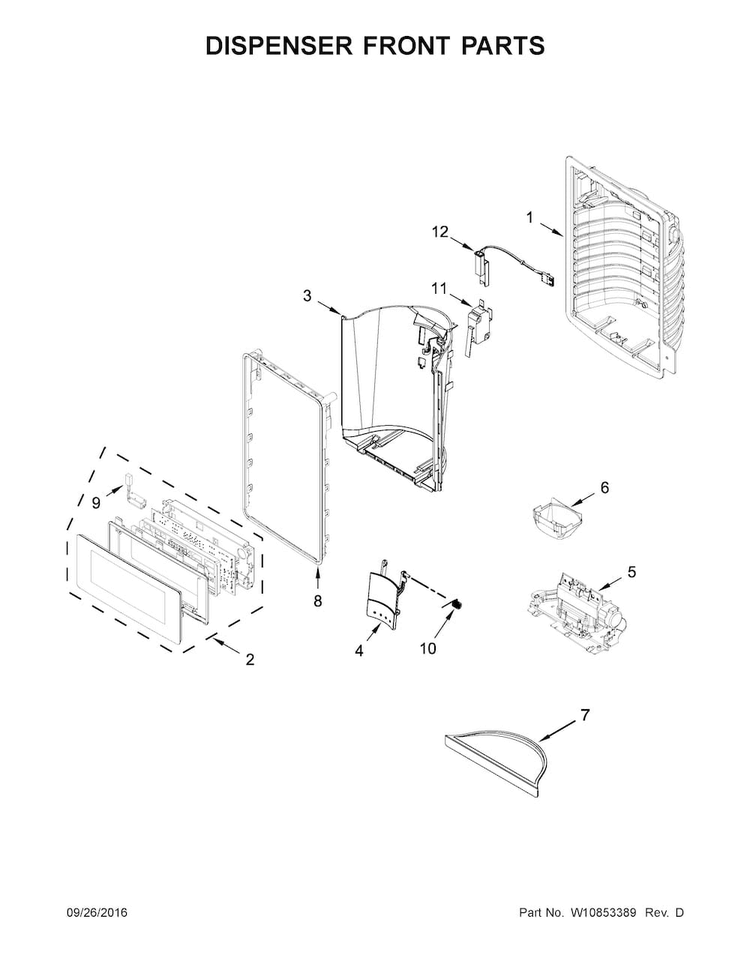 Dispenser Front Parts Diagram and Parts List for KRMF706ESS01  KitchenAid Refrigerator