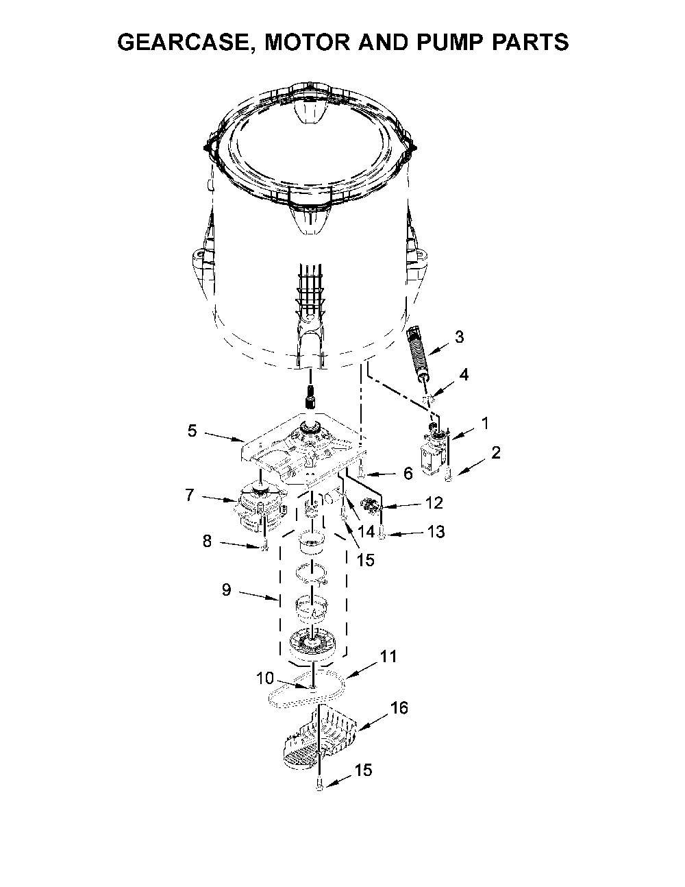Gearcase, motor and pump parts Diagram and Parts List for 11025122810  Kenmore Washer
