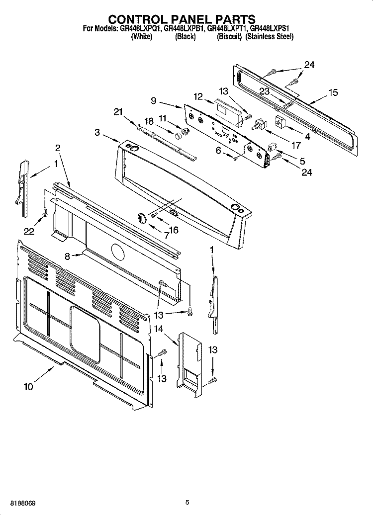 CONTROL PANEL PARTS Diagram and Parts List for GR448LXPS1  Whirlpool Range