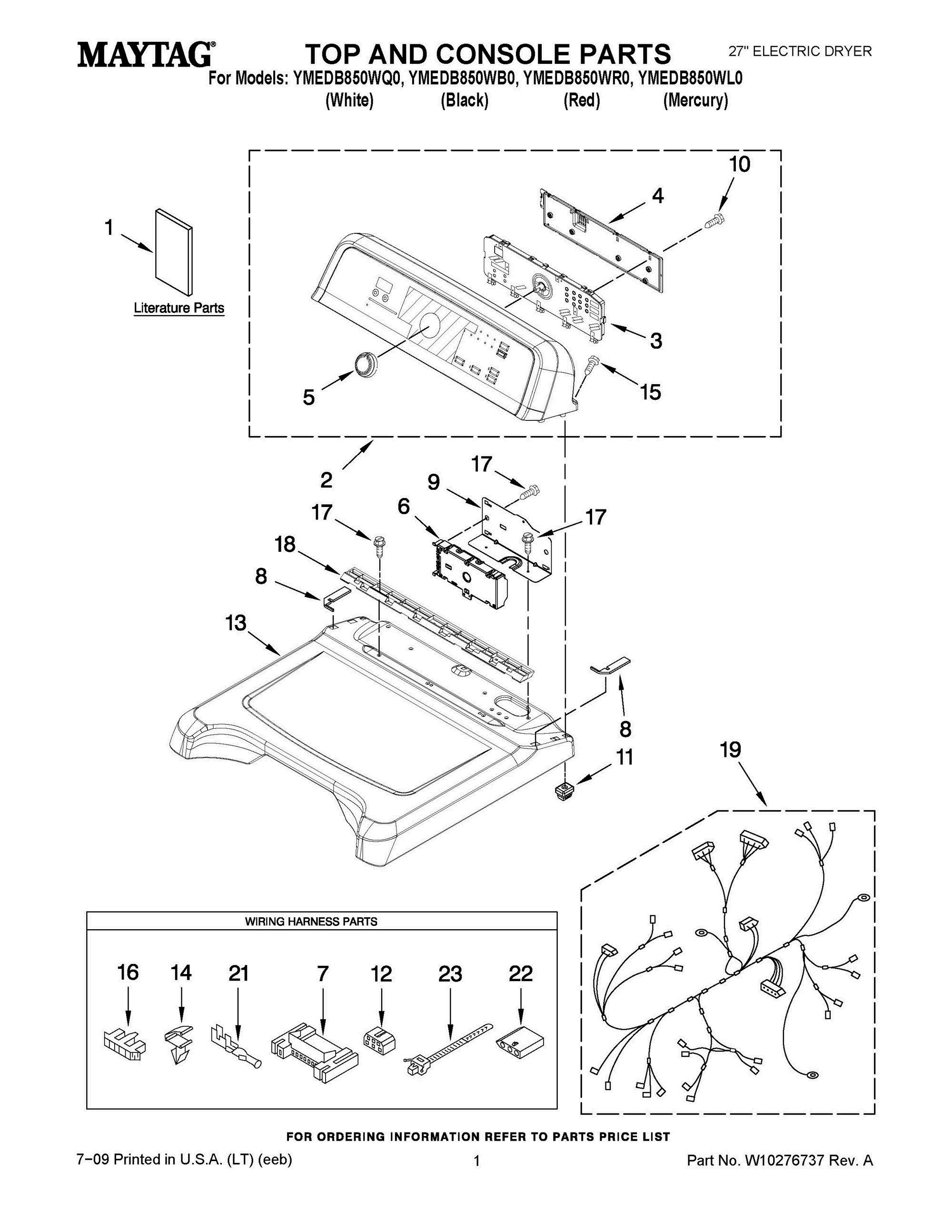 01 - TOP AND CONSOLE PARTS Diagram and Parts List for YMEDB850WQ0  Whirlpool Dryer