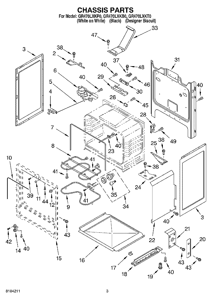 CHASSIS Diagram and Parts List for GR470LXKT0  Whirlpool Range
