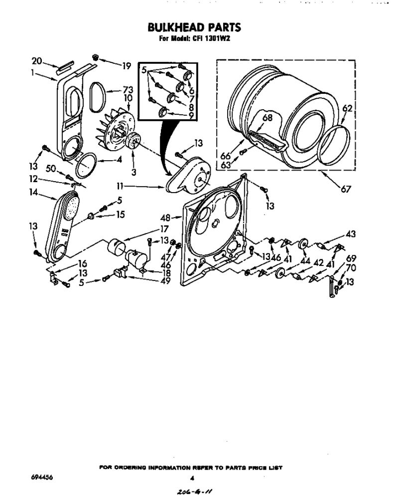 Bulkhead Diagram and Parts List for CFI1301W2  Whirlpool Dryer