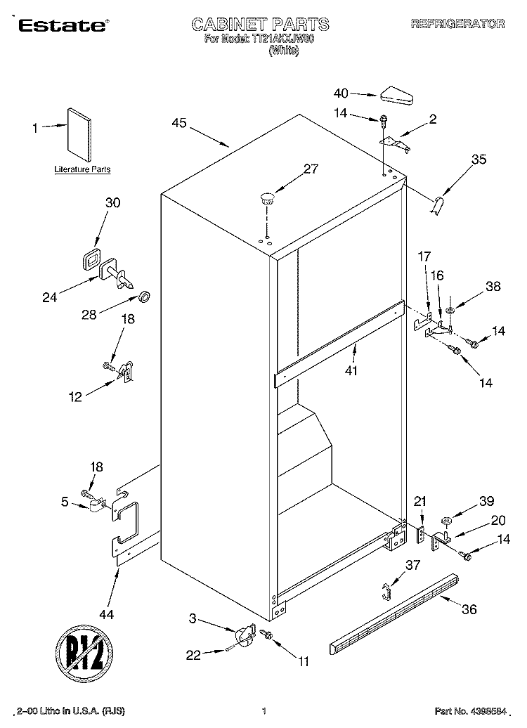 CABINET, LITERATURE Diagram and Parts List for TT21AKXJW00  Estate Refrigerator