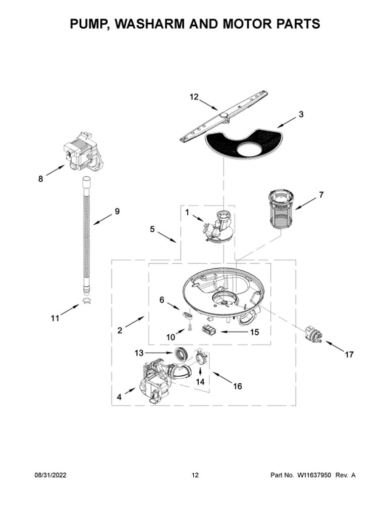 Pump, Washarm And Motor Parts Diagram and Parts List for WDF331PAMB0  Whirlpool Dishwasher