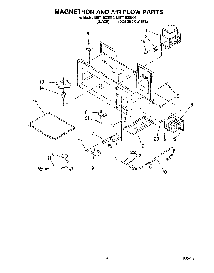 MAGNETRON AND AIR FLOW Diagram and Parts List for MH7110XBB5  Whirlpool Microwave