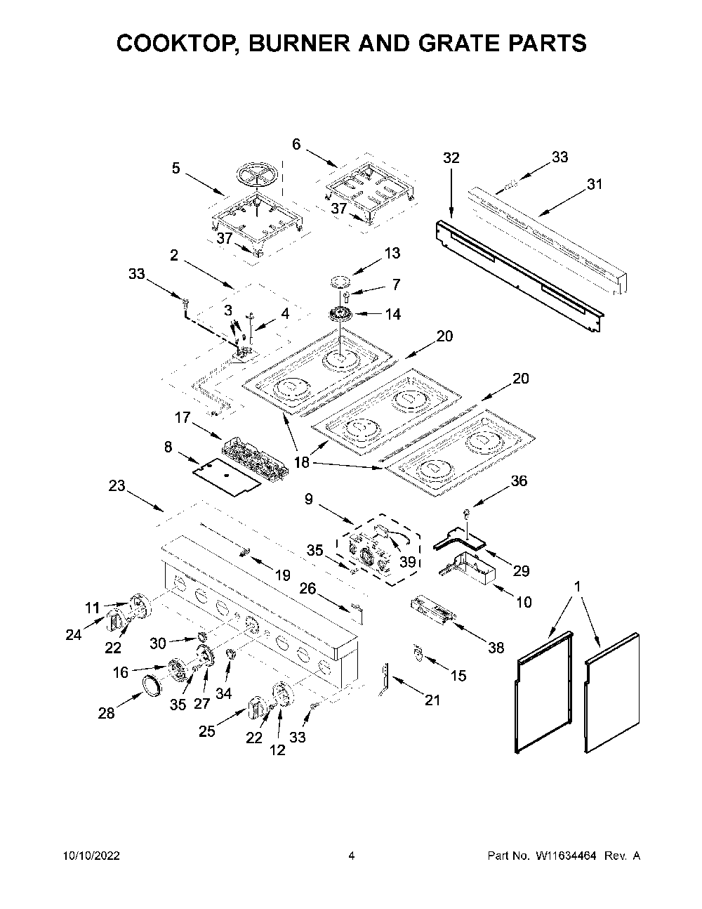 Cooktop, Burner And Grate Parts Diagram and Parts List for KFGC506JPA05  KitchenAid Range