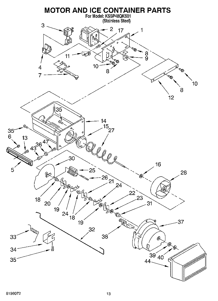 MOTOR AND ICE CONTAINER Diagram and Parts List for KSSP48QKS01  KitchenAid Refrigerator