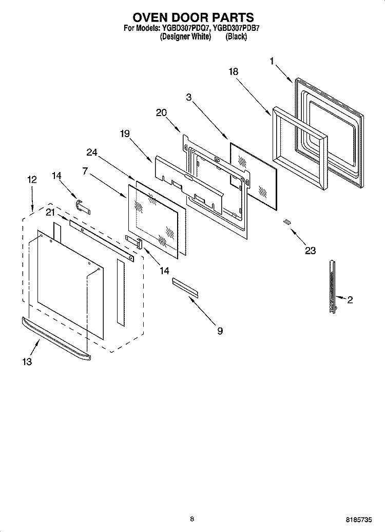 OVEN DOOR PARTS Diagram and Parts List for YGBD307PDQ7  Whirlpool Wall Oven