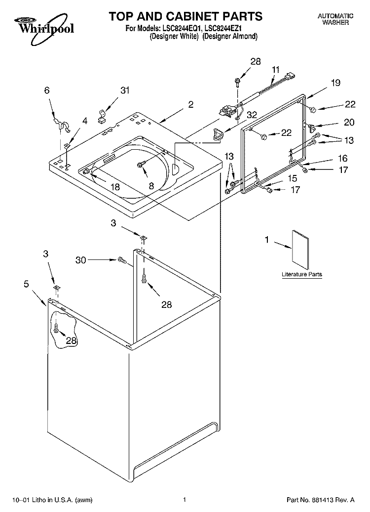 TOP AND CABINET, LITERATURE Diagram and Parts List for LSC8244EZ1  Whirlpool Washer
