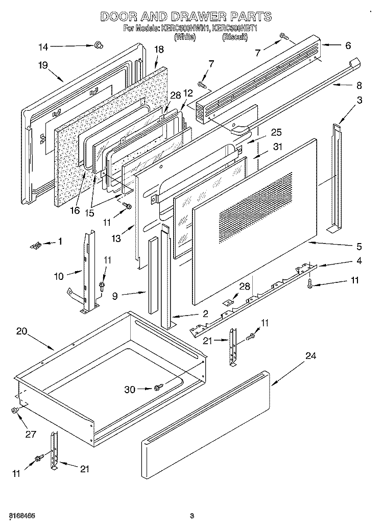 DOOR AND DRAWER Diagram and Parts List for KERC500HBT1  KitchenAid Range