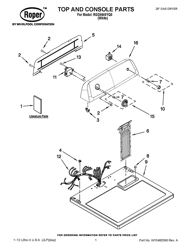 TOP AND CONSOLE PARTS Diagram and Parts List for RGD4640YQ0  Roper Dryer