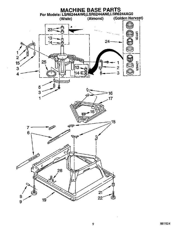 MACHINE BASE Diagram and Parts List for LSR6244AN0  Whirlpool Washer