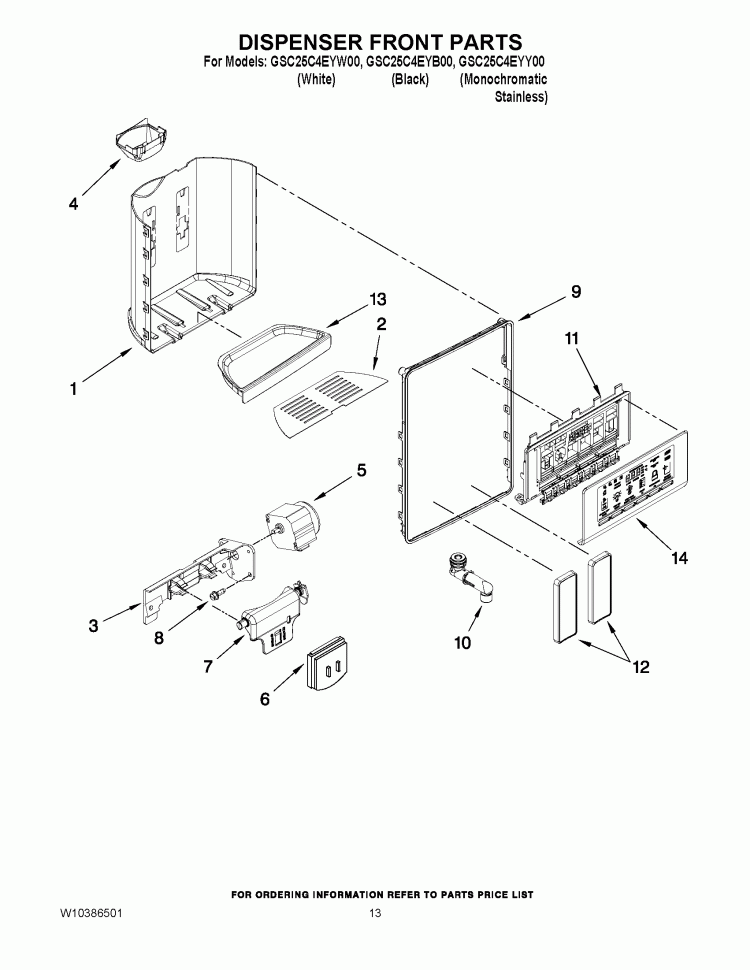 DISPENSER FRONT PARTS Diagram and Parts List for GSC25C4EYB00  Whirlpool Refrigerator