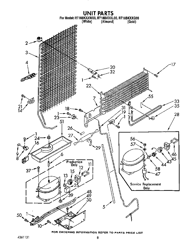 UNIT Diagram and Parts List for RT18BKXXW00  Roper Refrigerator