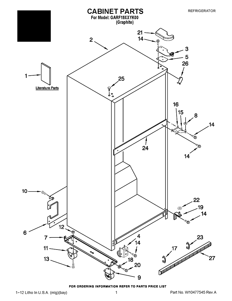 CABINET PARTS Diagram and Parts List for GARF19XXYK00  Whirlpool Refrigerator