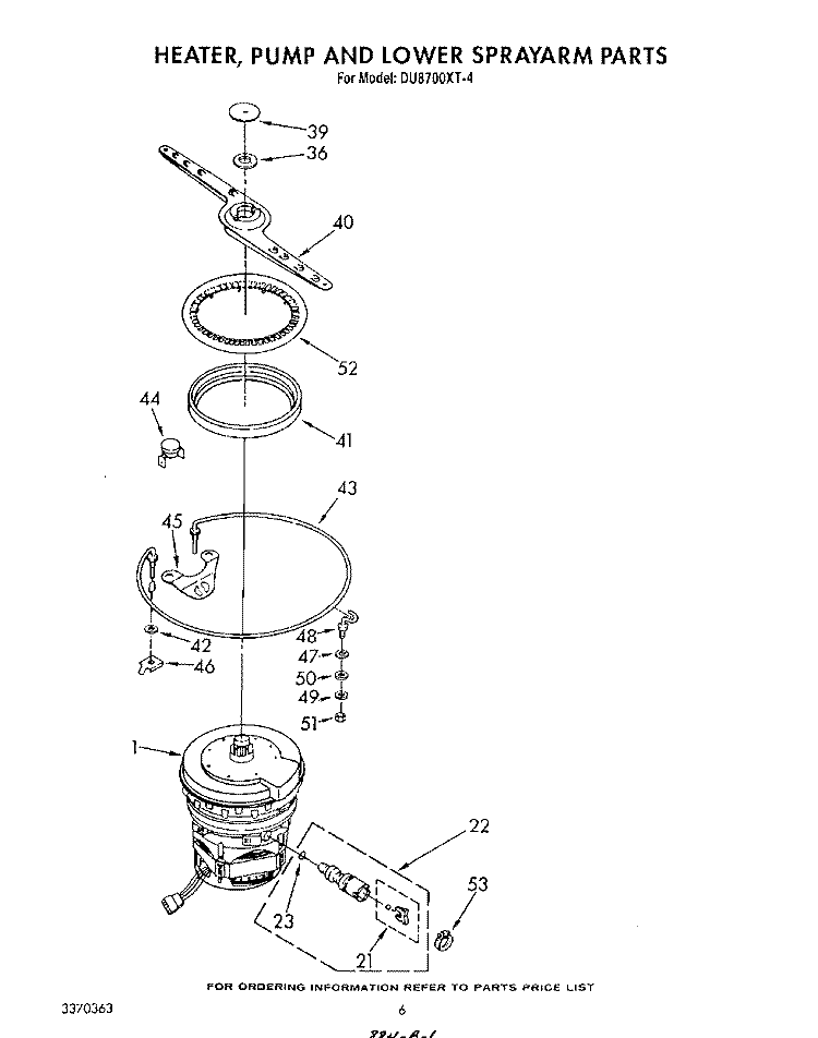 HEATER, PUMP AND LOWER SPRAYARM Diagram and Parts List for DU8700XT4  Whirlpool Dishwasher