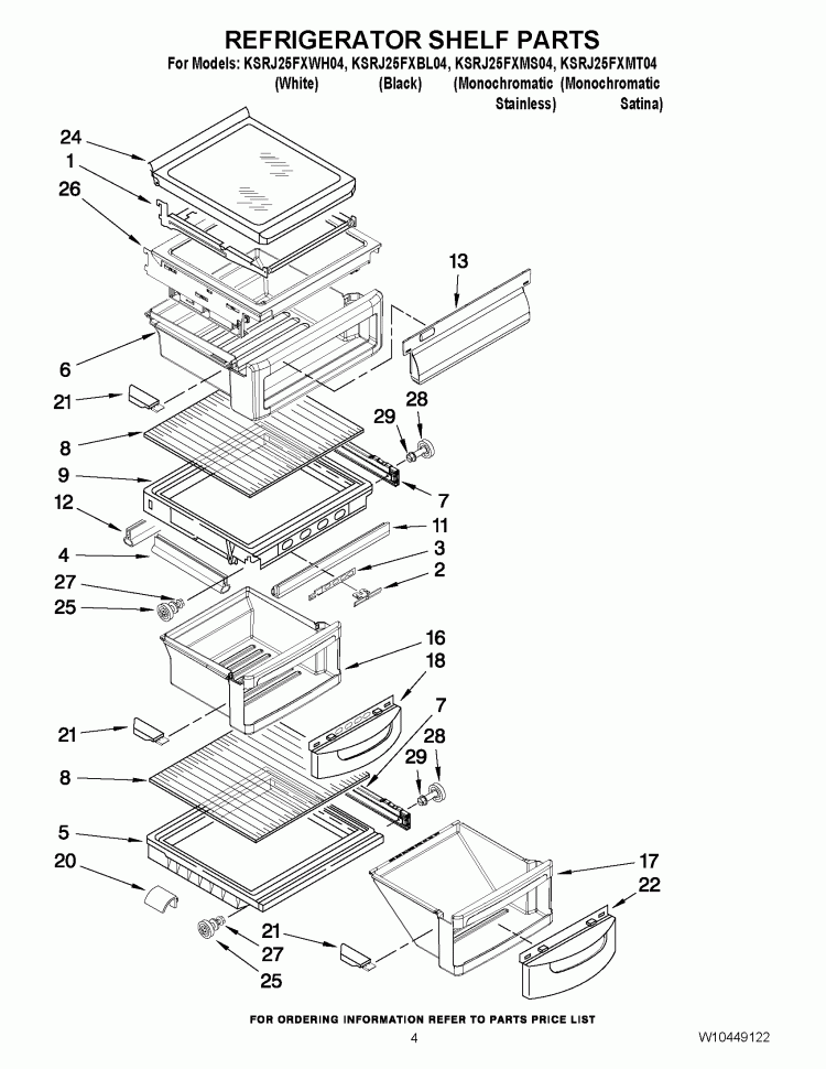 REFRIGERATOR SHELF PARTS Diagram and Parts List for KSRJ25FXBL04  KitchenAid Refrigerator