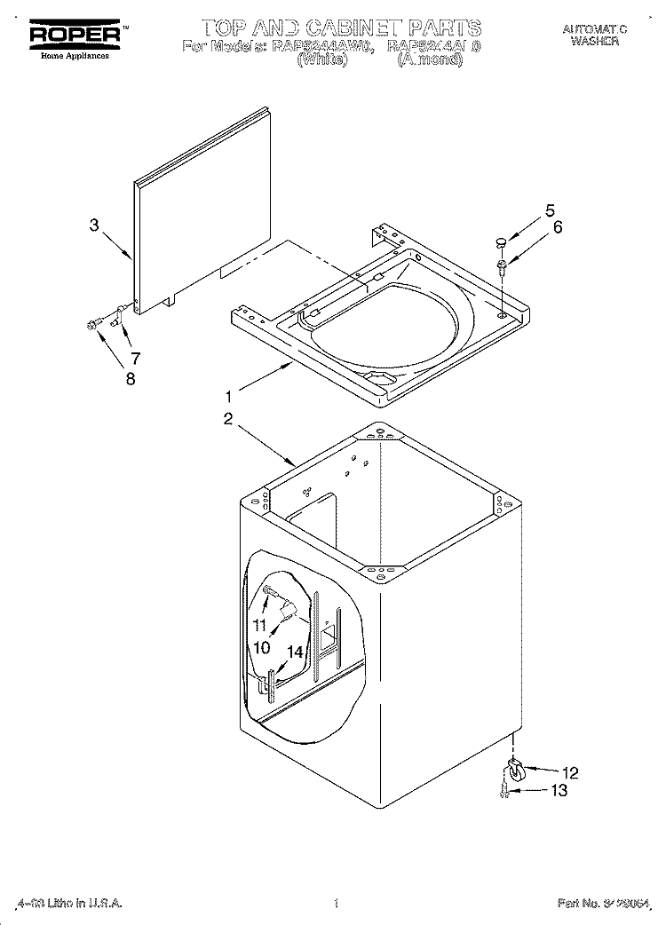 TOP AND CABINET, LIT/OPTIONAL Diagram and Parts List for RAP5244AL0  Whirlpool Washer