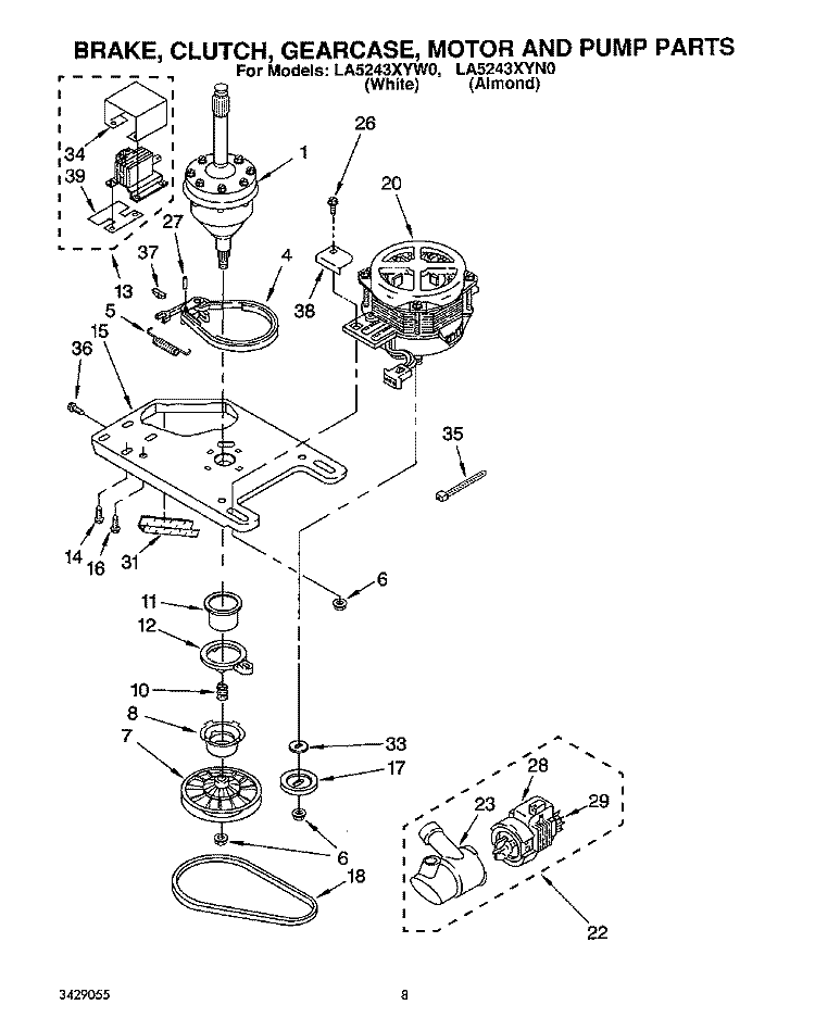 BRAKE, CLUTCH, GEARCASE, MOTOR & PUMP Diagram and Parts List for LA5243XYW0  Whirlpool Washer