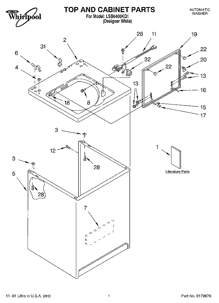 TOP AND CABINET, LITERATURE Diagram and Parts List for LSB6400KQ1  Whirlpool Washer