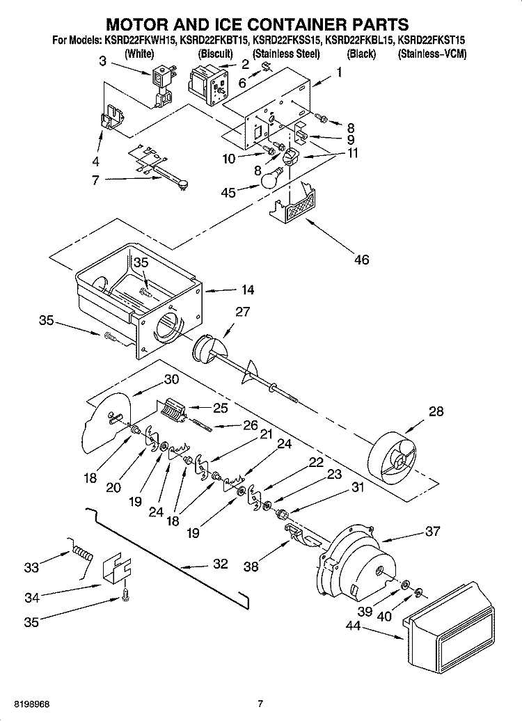 MOTOR AND ICE CONTAINER PARTS Diagram and Parts List for KSRD22FKBL15  KitchenAid Refrigerator