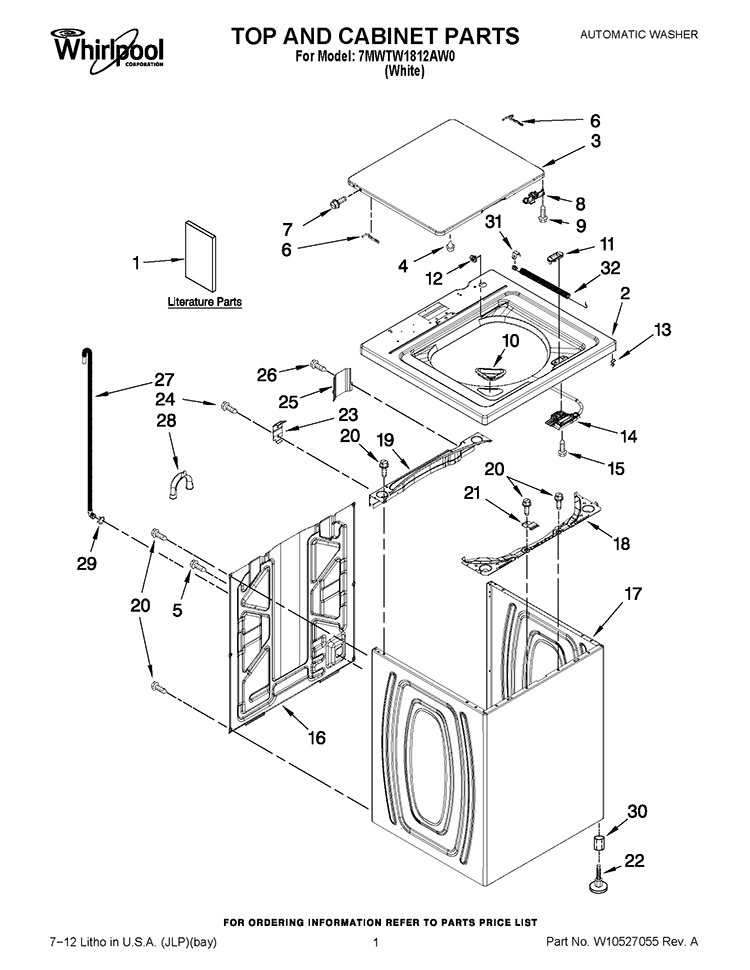 TOP AND CABINET PARTS Diagram and Parts List for 7MWTW1812AW0  Whirlpool Washer