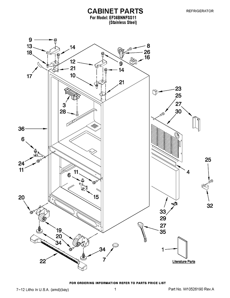 CABINET PARTS Diagram and Parts List for EF36BNNFSS11  Whirlpool Refrigerator